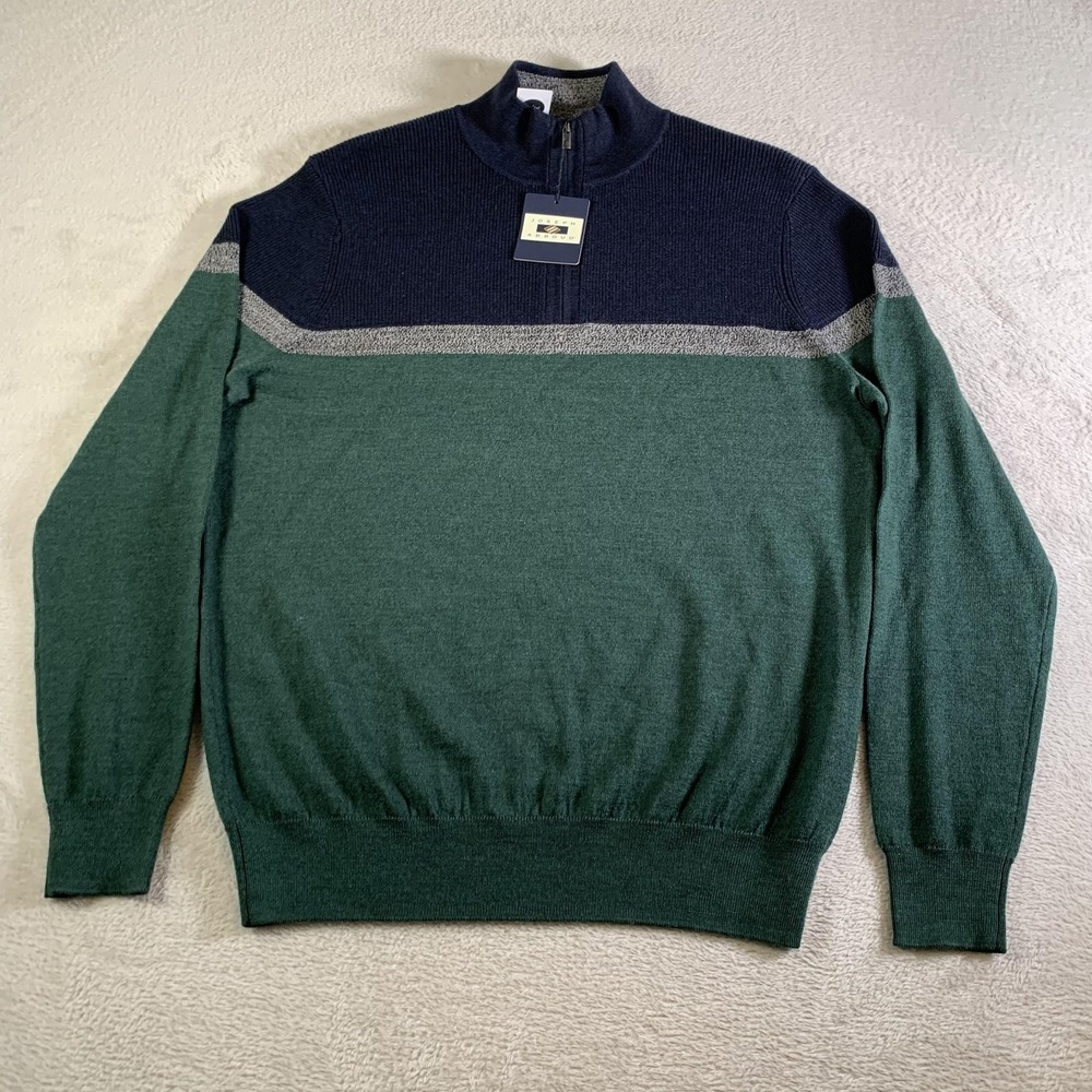 Joseph Abboud Sweater Mens Small Green Navy 1/4 Zip Mock Neck Stripe‎ Knit NEW